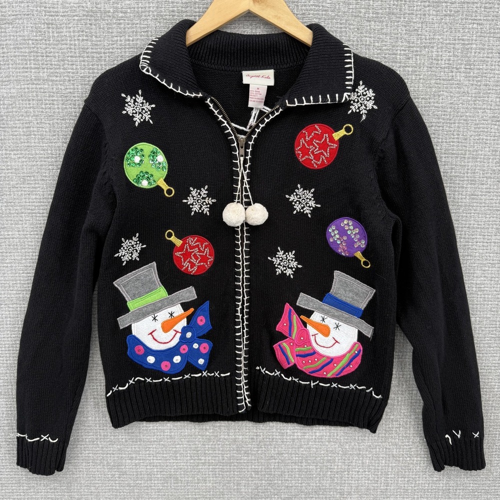 Vintage Crystal-Kobe Sweater Womens Medium Black Snowman Christmas Zip 90s